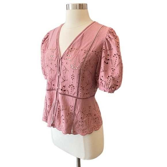 Eyelet Puff Sleeve Blouse Boho Feminine Liv Los Angeles Blush Mauve Pink - Picture 3 of 9